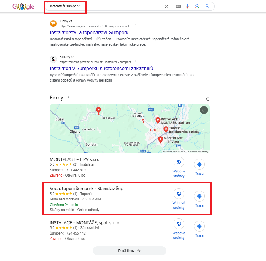 Instalateri Sumperk - Google zapis